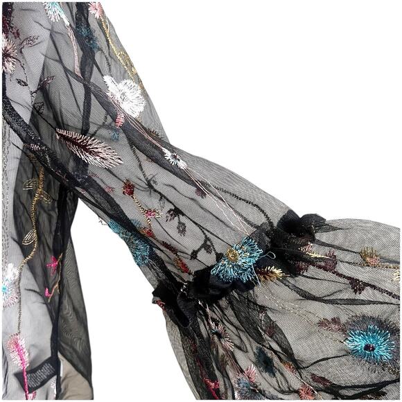 A New Day Sheer Mesh Peasant Top L Black Floral Embroidered Goth Whimsical - Picture 7 of 12